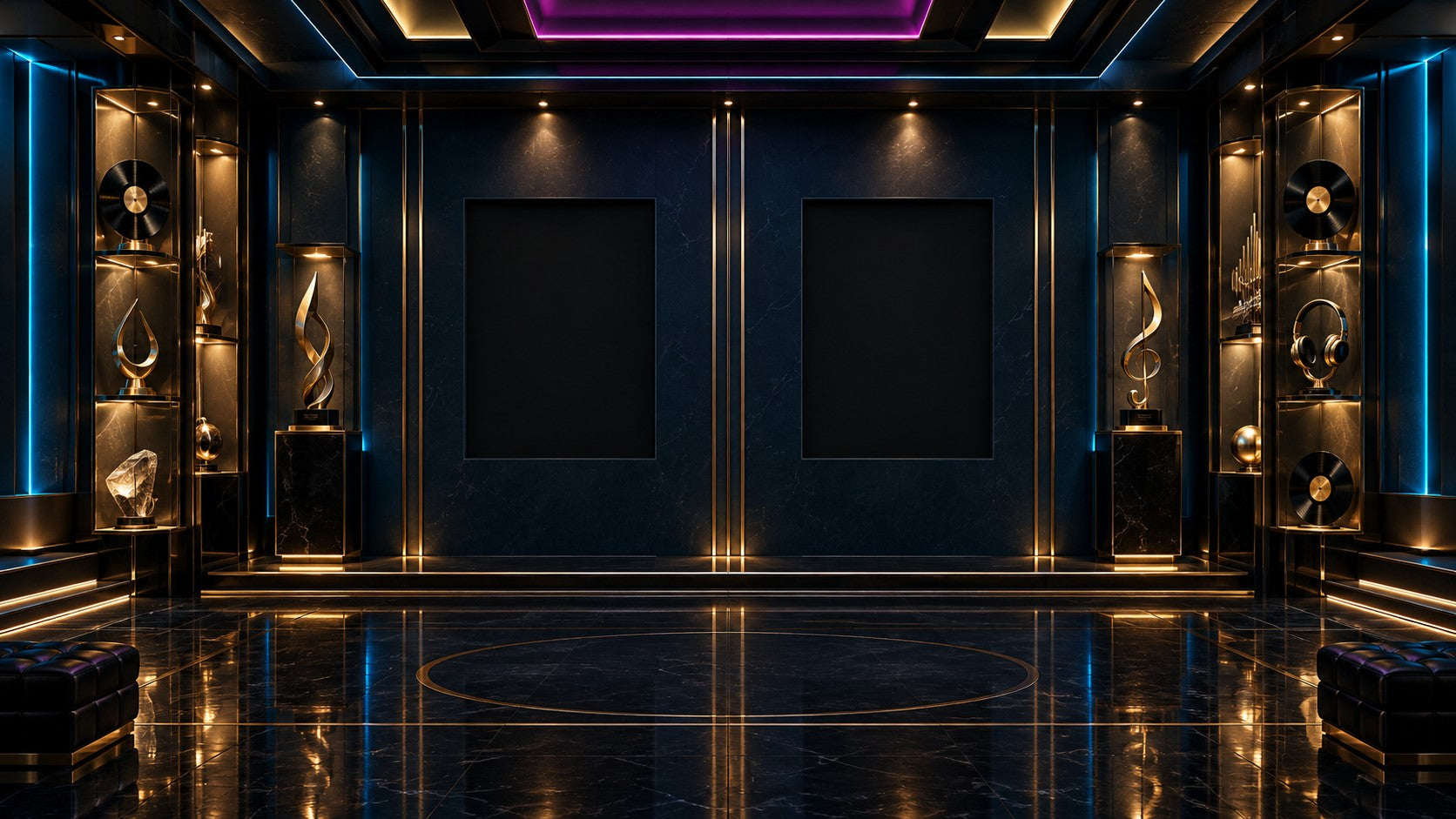 Futuristic artist gallery with decorative trophies