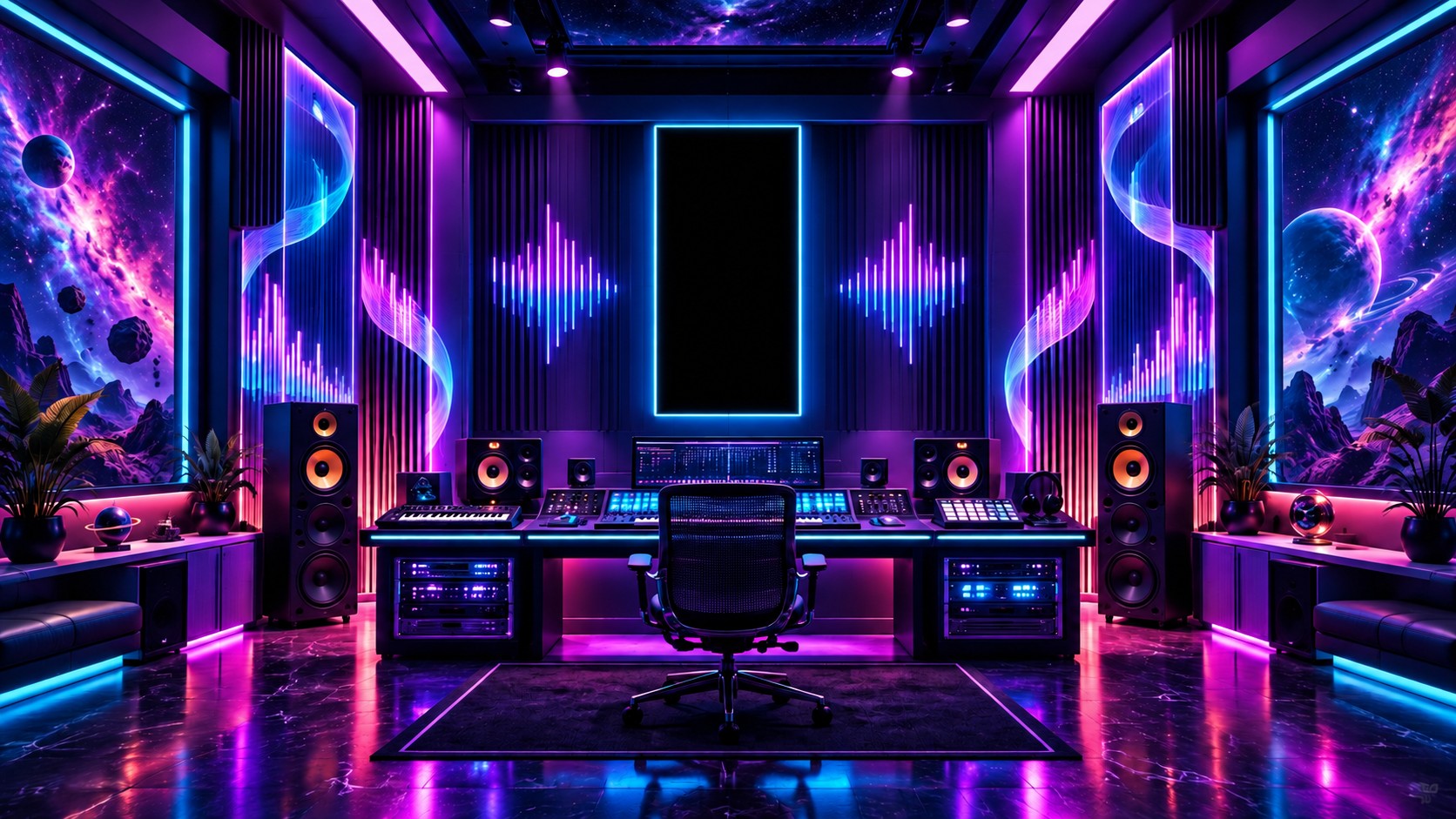 A neon music studio with cosmic windows and spectral light patterns