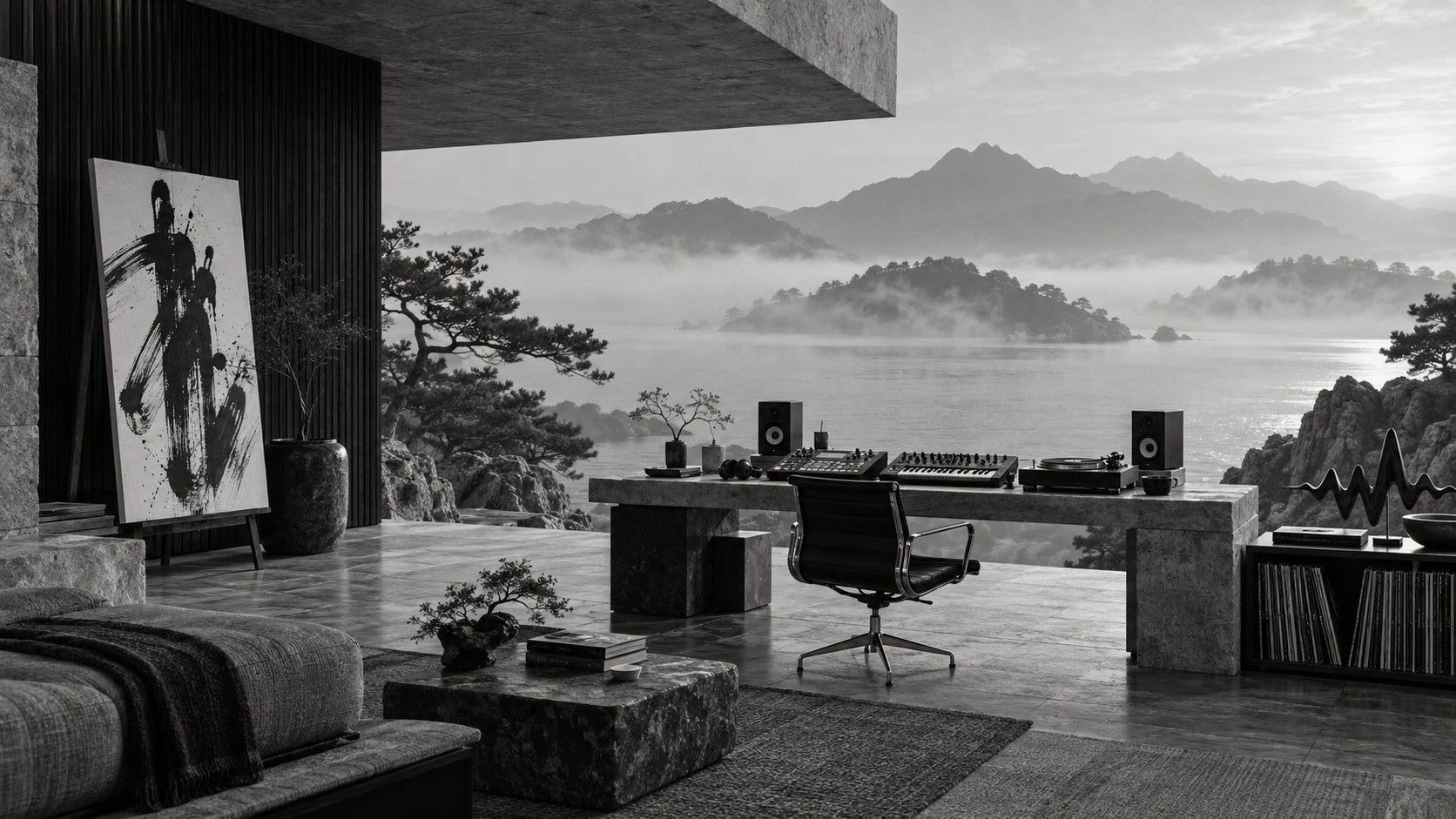 A black-and-white outdoor recording terrace with a production desk, abstract canvas and misty mountain landscape