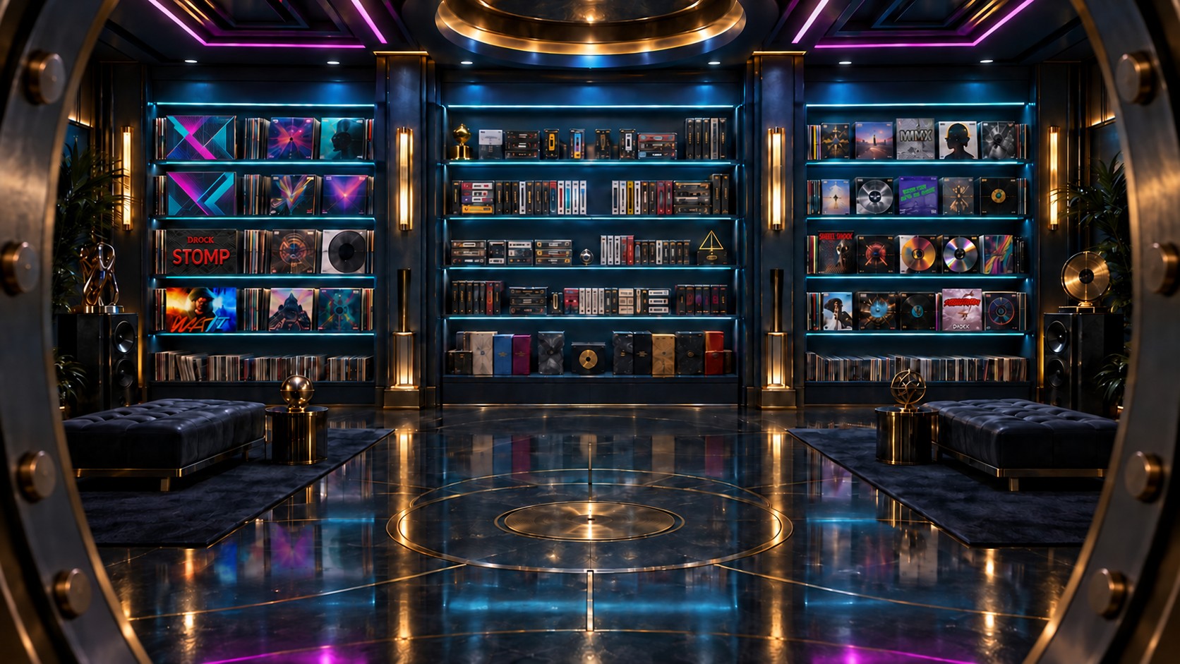 A futuristic music vault with three illuminated shelves of albums, beat tapes and EPs.