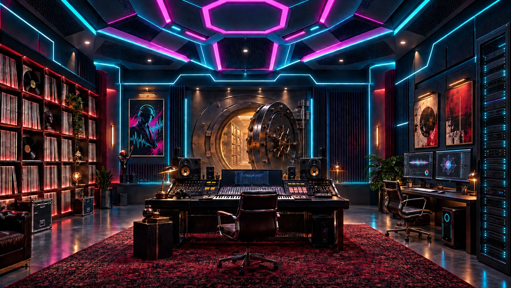 A warmly lit recording studio with record shelves, a mixing desk, a vault and framed artwork.